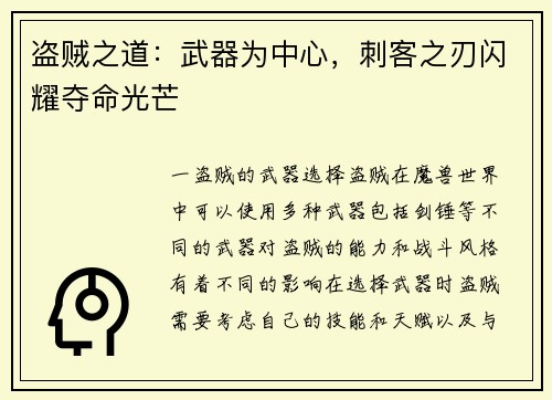 盗贼之道：武器为中心，刺客之刃闪耀夺命光芒
