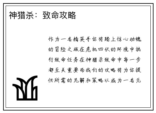 神猎杀：致命攻略
